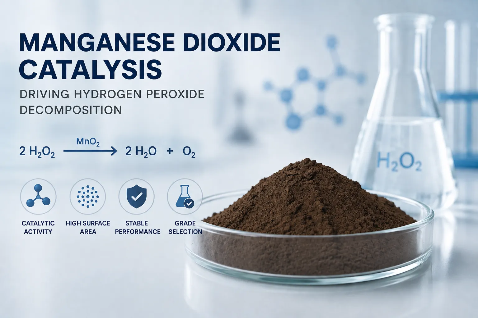 Le dioxyde de manganèse est-il un bon catalyseur pour le peroxyde d’hydrogène ? Activité, superficie et sélection du grade